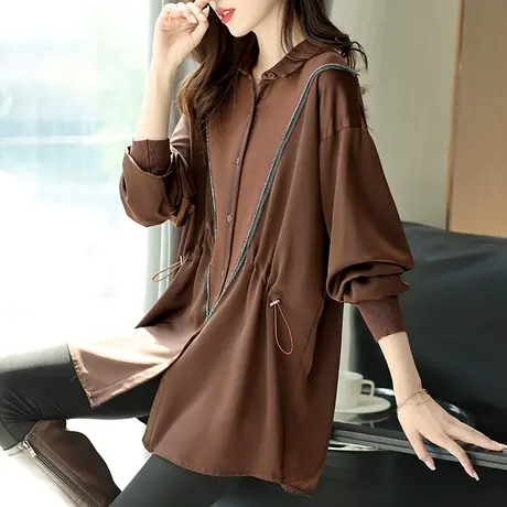 宝诗黎针织拼接抽绳收腰衬衫2024春季新款宽松休闲设计感衬衣女装商品大图