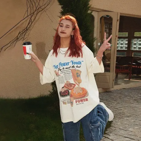 YEP纯棉美式短袖t恤女2025年新款宽松设计感复古街头潮牌半袖上衣商品大图