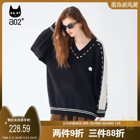 a02潮酷风宽松V领套头针织衫毛衫2025秋冬新款女装百搭毛衣上衣商品大图