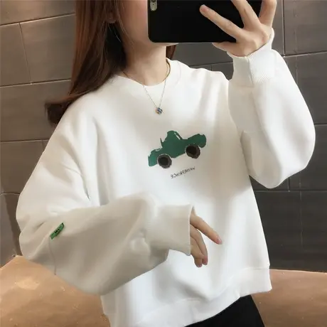 女装2023秋季卫衣圆领长袖套头纯色卡通印花简约短款减龄休闲风潮图片