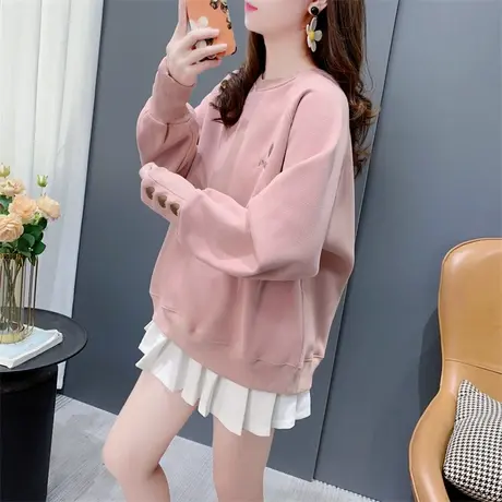 小个子刺绣爱心加绒加厚圆领卫衣女秋冬新款韩版简约百搭学生上衣图片