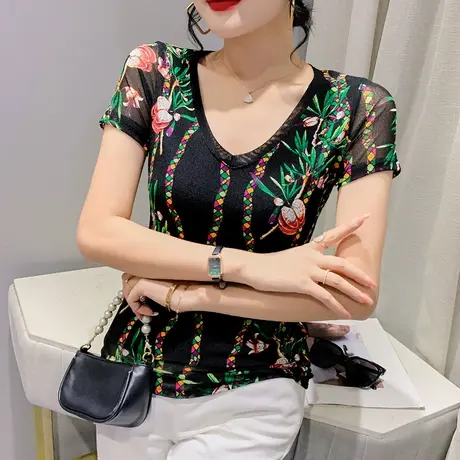 性感网纱短袖打底衫女欧货洋气印花个性t恤2024设计感V领修身上衣商品大图