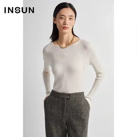INSUN恩裳冬季羊毛打底衫显瘦坑条毛织衫图片
