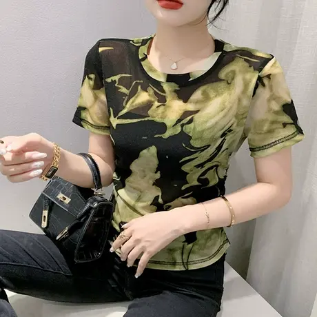 时尚扎染网纱短袖T恤女士2024夏季新款性感气质上衣修身百搭小衫商品大图