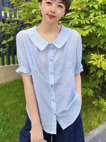 2023夏季新款高级感条纹衬衫女宽松时尚显瘦娃娃领上衣百搭小衫潮图片