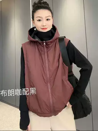 欧货连帽轻薄夹棉马甲女2023年秋冬季新款宽松大版显瘦保暖背心潮商品大图