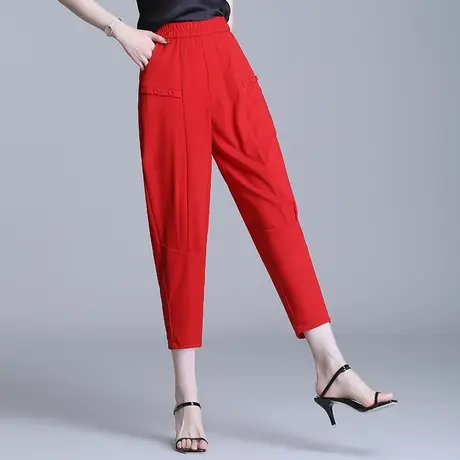 垂感天丝哈伦裤女九分裤小脚裤2023夏季薄款宽松休闲裤红色女裤子商品大图