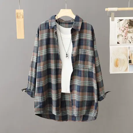 休闲格子衬衫外套女宽松中长款上衣春秋季2024新款外搭衬衣开衫女商品大图