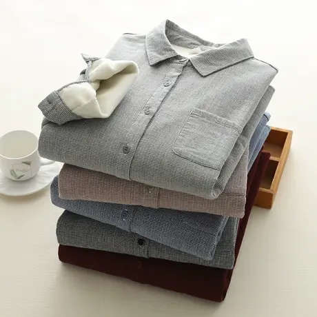 加绒加厚保暖双层棉纱长袖衬衫女文艺复古软糯亲肤小格子衬衣打底图片