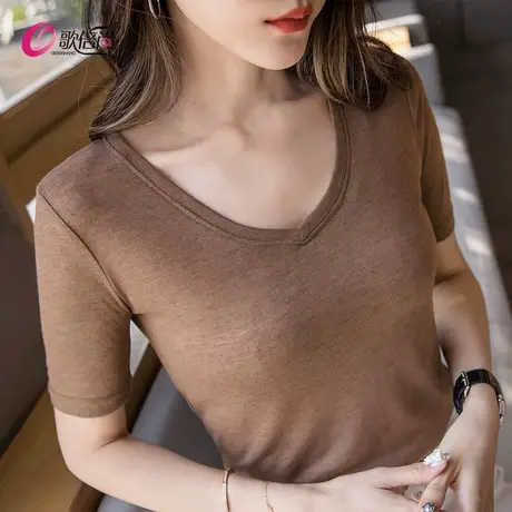 天丝v领t恤女短袖2022夏季新款内搭纯色打底衫紧身百搭体恤薄款商品大图