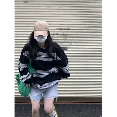 美式复古卫衣女春秋薄款韩版宽松ins潮oversize黑色嘻哈条纹上衣商品大图