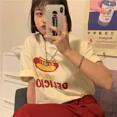 原创小众设计感热狗包夏季新款半袖短袖T恤女上衣宽松纯棉港风ins图片