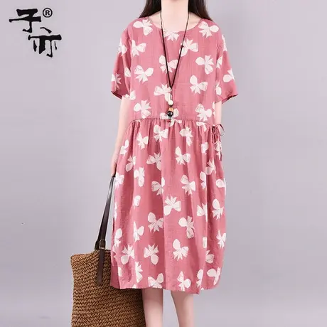 子亦夏装新款宽松大码圆领短袖文艺印花气质系带收腰连衣裙女图片