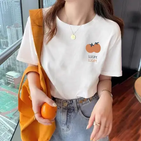 2023新款夏季正肩纯棉短袖t恤女薄款宽松卡通白色显瘦半袖上衣潮图片