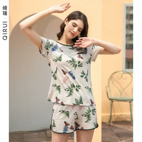 绮瑞纯棉睡衣女士夏季短袖短裤薄款甜美印花全棉可外穿家居服套装商品大图