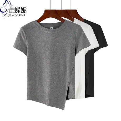 夏季新款韩版圆领纯棉修身短款侧开叉纯欲短袖体恤上衣内搭女打底商品大图