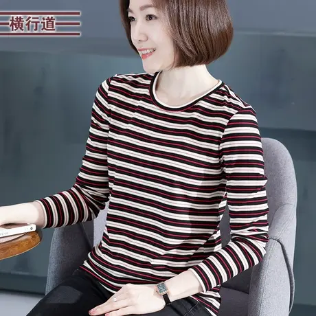 圆领条纹宽松长袖T恤女装2024春季新款打底衫胖mm妈妈装内搭上衣商品大图