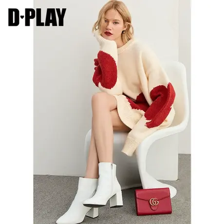 DPLAY春装新ins甜美撞色爱心毛衣慵懒风休闲针织长袖套头衫商品大图