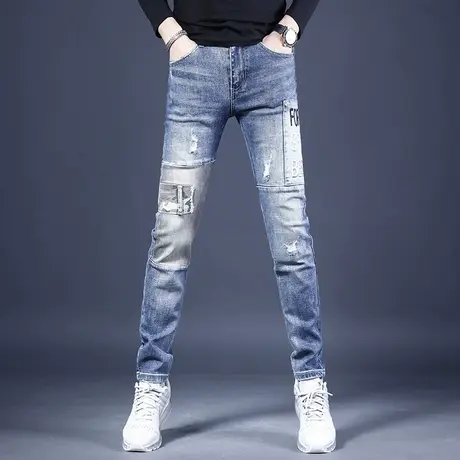 2021秋冬款牛仔裤男破洞刺绣修身小脚蓝色潮牌拼接男士休闲长裤商品大图