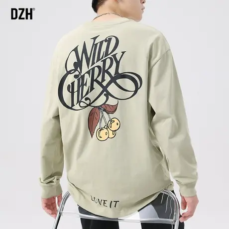 男士美式纯棉长袖t恤男秋季圆领宽松印花上衣潮牌男装2023年新款商品大图