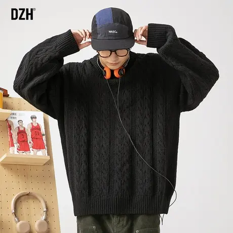 男士黑色圆领毛衣男宽松慵懒风2024年新款美式复古上衣秋冬针织衫商品大图