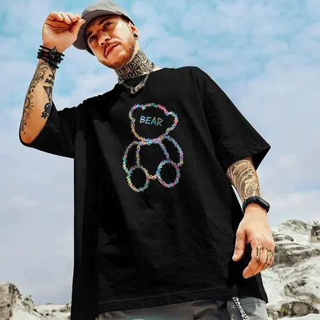 小熊短袖t恤男夏季潮牌情侣装衣服潮流学生宽松半袖大码纯棉体恤商品大图