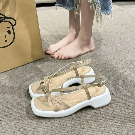 松糕厚底一字带细带法式夹趾罗马凉鞋女2023年夏季新款中跟女鞋子商品大图