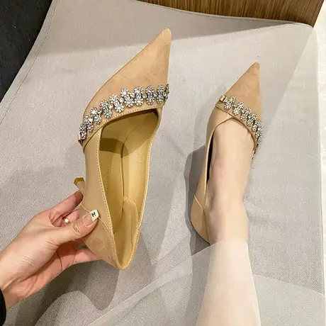 单鞋女2024夏季新款气质纯色法式水钻宴会鞋名媛风尖头细跟高跟鞋商品大图