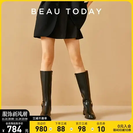 BeauToday厚底长筒靴女2024新款时装靴女黑色骑士靴女粗腿单靴女图片