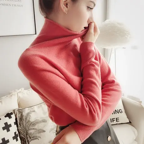 粉红大布娃娃2021秋新款高领套头针织衫上衣女保暖舒适羊毛衫商品大图