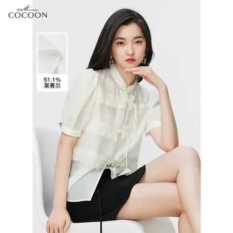 miss COCOON莱赛尔短袖衬衫女2023新款夏季纯色气质百搭立领上衣商品大图
