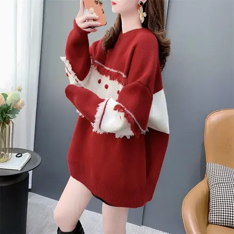 设计感圣诞红色流苏圆领毛衣女秋冬2023年新款宽松洋气超好看上衣商品大图