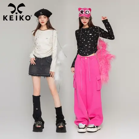 [烫金印花] 酷飒星星黑色长袖t恤女24春夏甜辣妹显瘦圆领打底上衣图片