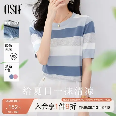OSA欧莎显瘦短袖条纹冰丝针织衫女夏季2023年新款短款百搭上衣薄图片