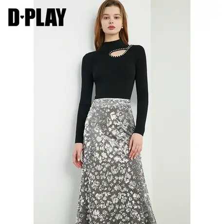 DPLAY2023冬名媛气质含羊毛复古风黑色半高领修身镂空闪钻针织衫商品大图