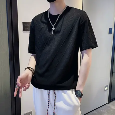夏季男t恤短袖宽松半袖潮流休闲帅气菱形格子学生纯色百搭ins体恤图片
