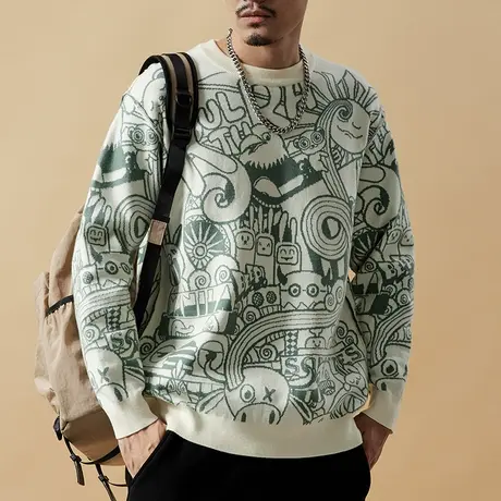 秋季百搭潮流潮流毛衣复古休闲潮牌圆领男士毛衣印花毛衣商品大图