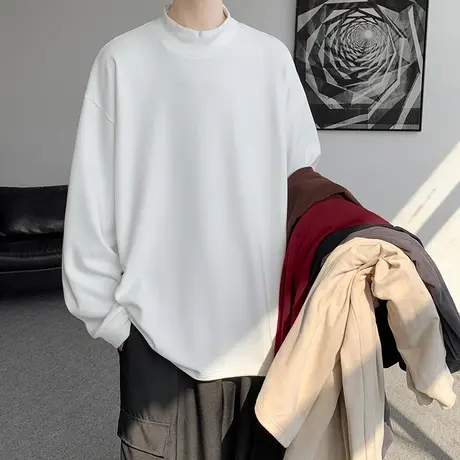 半高领德绒长袖t恤男春秋季内搭秋衣纯色打底衫ins潮流重磅无性别商品大图