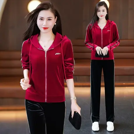 金丝绒套装女春秋2024年新款时髦显瘦直筒裤休闲运动卫衣服两件套图片