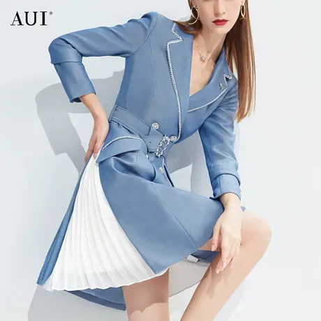 AUI高级感炸街减龄西装外套女2023秋装新款轻熟御姐范蓝色西服裙图片