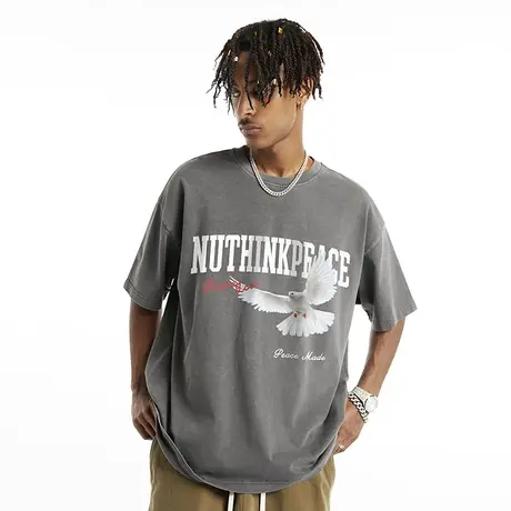 Nuthink和平鸽短袖男潮牌潮流水洗做旧鸽子图案T恤夏季国潮半袖潮商品大图