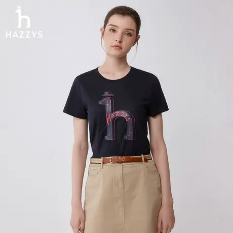 【纯棉柔软】Hazzys哈吉斯春夏季休闲薄款圆领体恤印花短袖t恤女商品大图