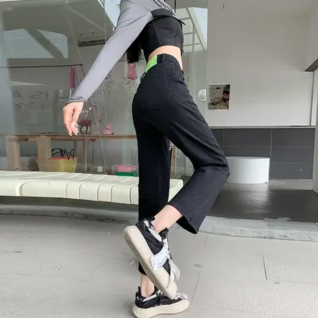 黑色微喇牛仔裤女2024春秋新款高腰窄版时尚百搭八分九分烟管裤子图片