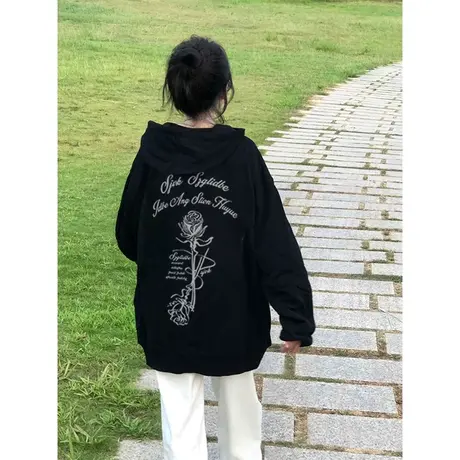 oversize美式复古设计感连帽卫衣女2024春秋薄款ins潮牌宽松外套商品大图