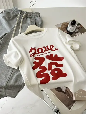 2024春装新款龙年发财印花短袖T恤女圆领正肩宽松显瘦打底上衣夏商品大图