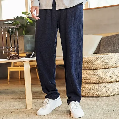 中国风棉麻裤子男宽松直筒宽松休闲裤亚麻复古提花透气松紧腰长裤商品大图