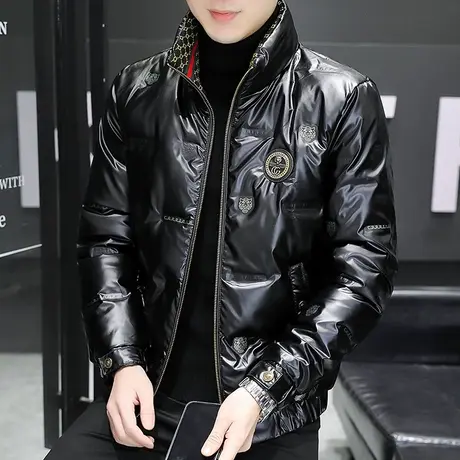 2023冬季痞帅男士立领羽绒服免洗防水亮面冬装外套加肥加大码男装图片