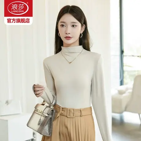 浪莎半高领打底衫女2023新款女春秋冬内搭加绒长袖宽松t恤上衣ZL商品大图