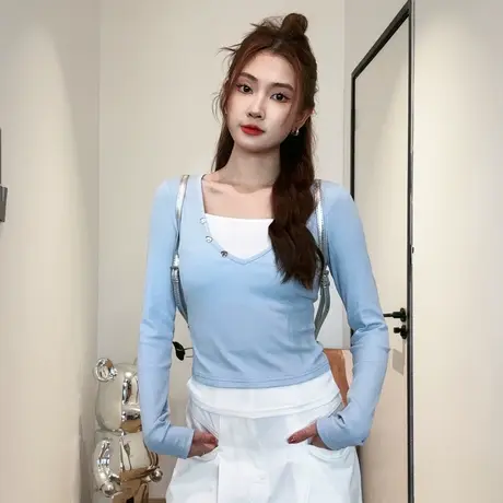 尔给显瘦镶钻打底衫2024春新款长袖设计感小众短款假两件上衣女商品大图