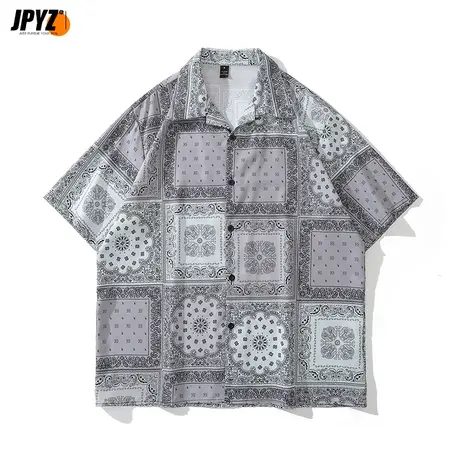 美式西海岸衬衫外套男夏季休闲潮牌宽松腰果花拼接嘻哈男生衬衣图片